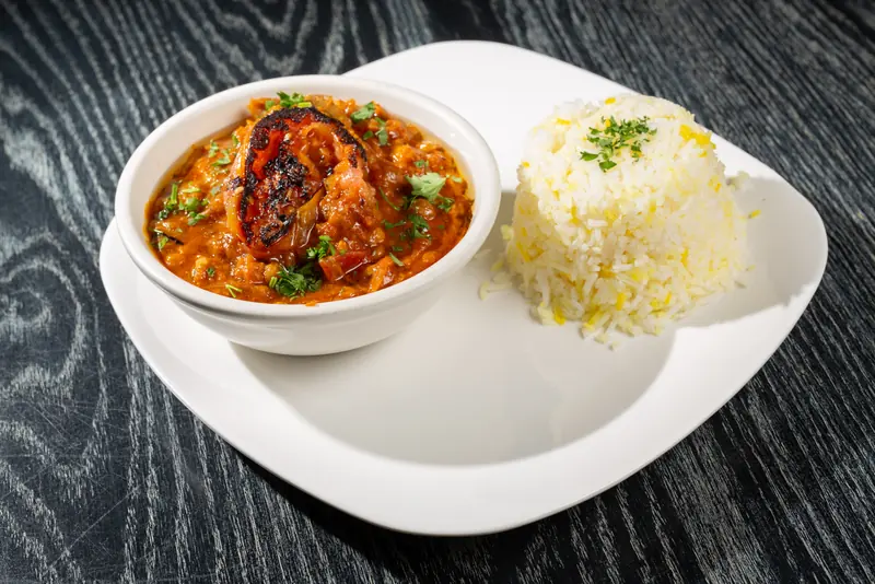 Bud-M-Joon eggplant stew with saffron basmati rice