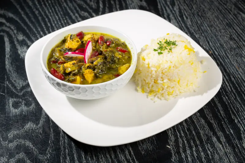 Green With Envy spinach, potato and kidney bean stew with saffron rice
