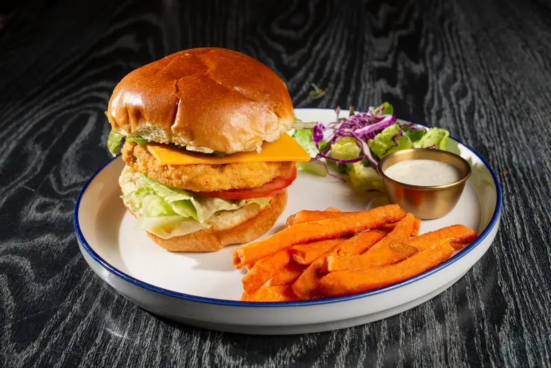 Soya chicken burger with sweet potato fries