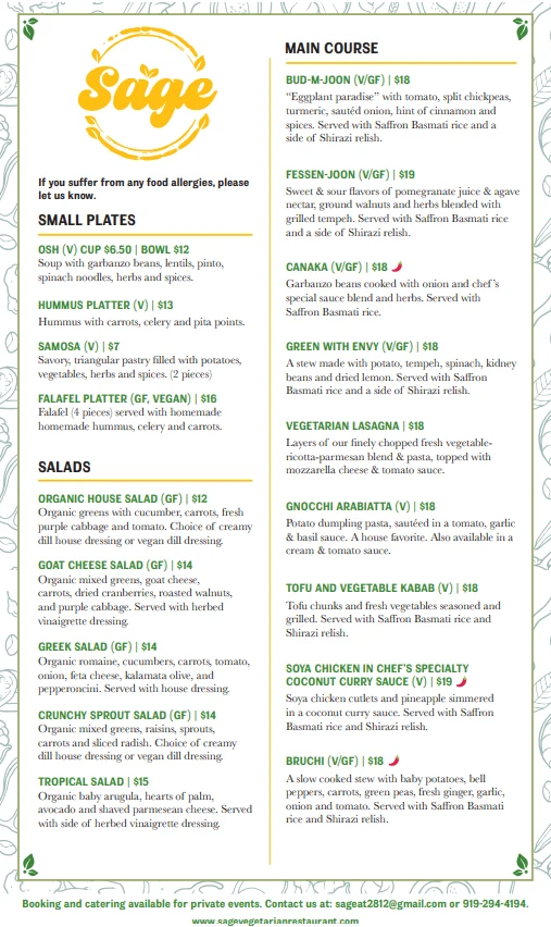 Sage printed menu, page 1: small plates, salads and main course