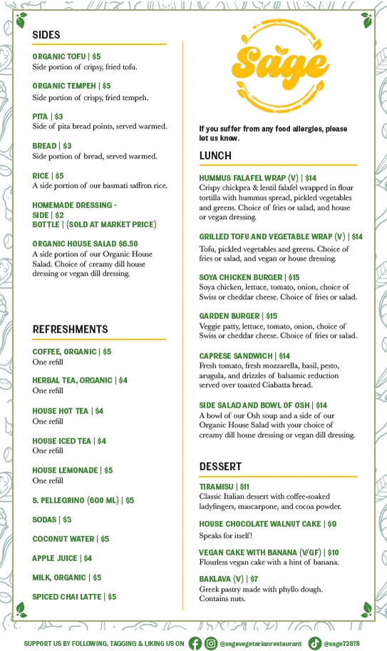 Sage printed menu, page 2: sides, refreshments, lunch and dessert