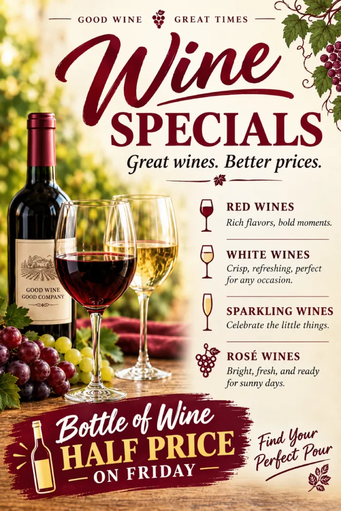 Poster: wine specials, bottles of wine half price on Friday. Red, white, sparkling and rose wines