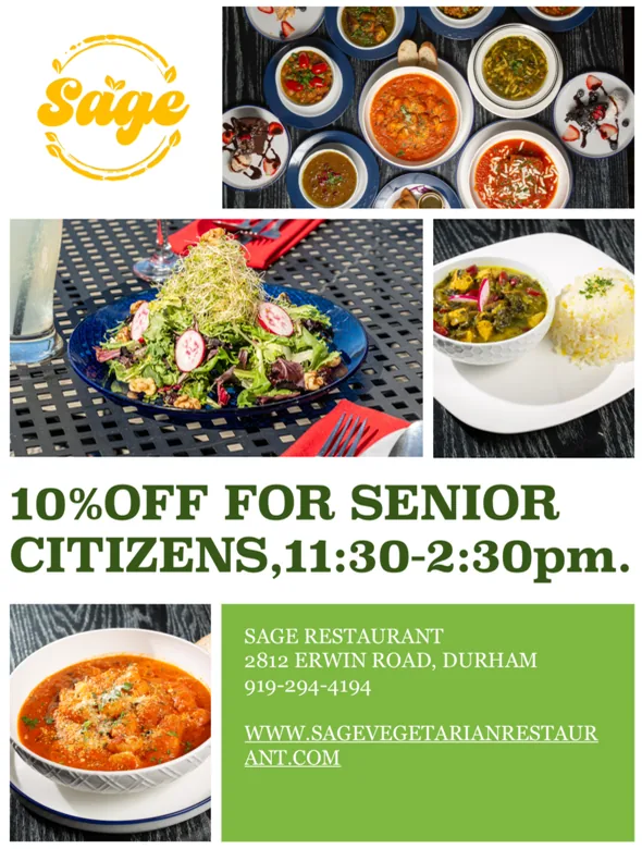 Poster: 10% off for senior citizens, 11:30 to 2:30 pm, at Sage Vegetarian Restaurant