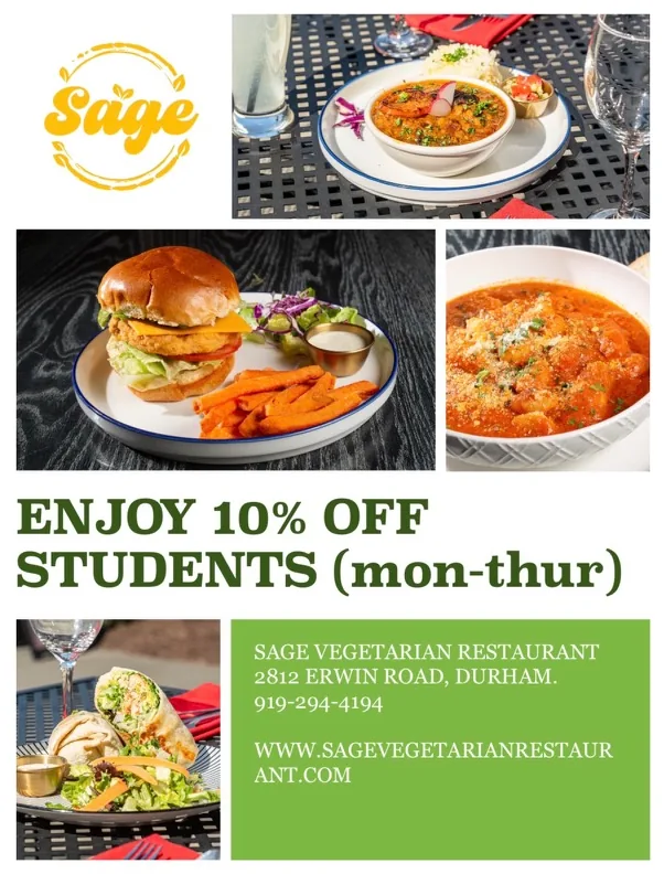 Poster: enjoy 10% off for students, Monday to Thursday, at Sage Vegetarian Restaurant