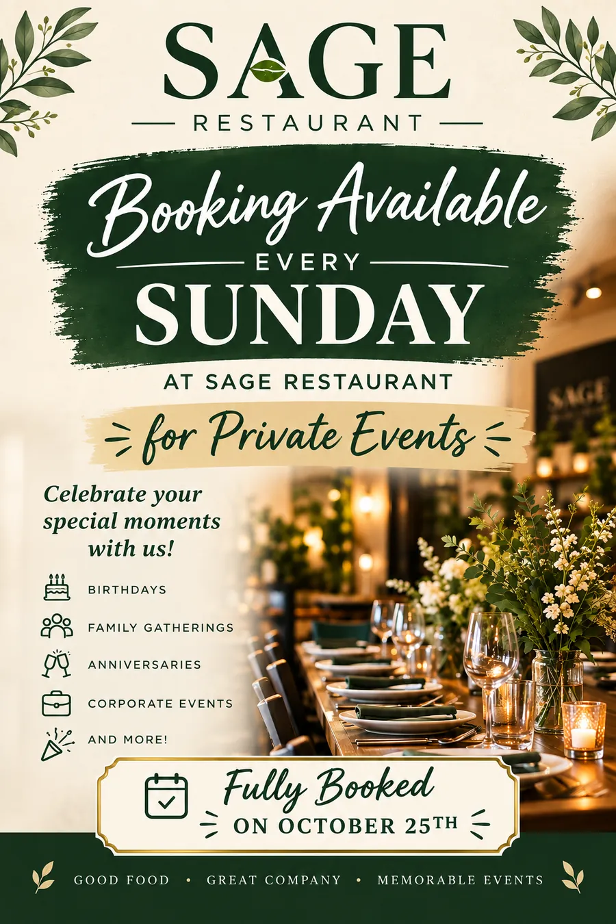 Poster: booking available every Sunday at Sage for private events: birthdays, family gatherings, anniversaries and corporate events